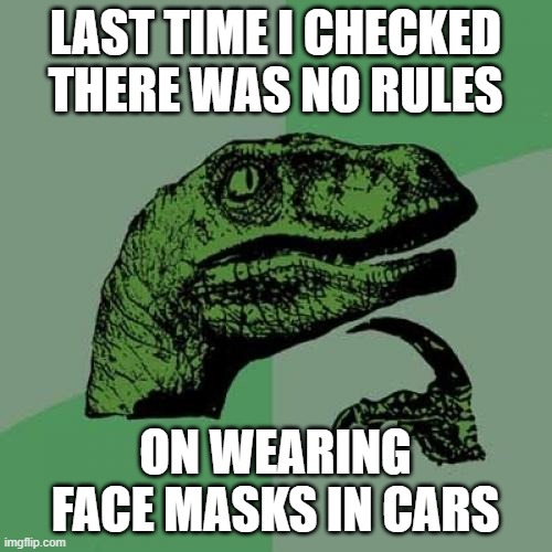 Philosoraptor Meme | LAST TIME I CHECKED THERE WAS NO RULES ON WEARING FACE MASKS IN CARS | image tagged in memes,philosoraptor | made w/ Imgflip meme maker