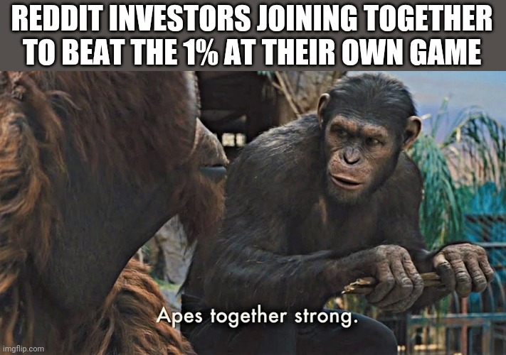 Apes vs wallstreet | REDDIT INVESTORS JOINING TOGETHER TO BEAT THE 1% AT THEIR OWN GAME | image tagged in ape together strong,reddit,memes | made w/ Imgflip meme maker