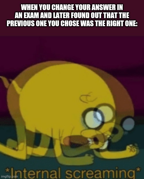 Jake The Dog Internal Screaming | WHEN YOU CHANGE YOUR ANSWER IN AN EXAM AND LATER FOUND OUT THAT THE PREVIOUS ONE YOU CHOSE WAS THE RIGHT ONE: | image tagged in jake the dog internal screaming | made w/ Imgflip meme maker