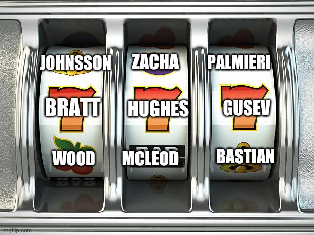 slot machine | ZACHA; PALMIERI; JOHNSSON; BRATT; GUSEV; HUGHES; BASTIAN; MCLEOD; WOOD | image tagged in slot machine | made w/ Imgflip meme maker