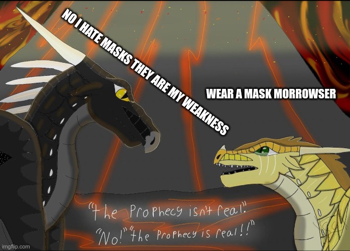 Wings of fire | NO I HATE MASKS THEY ARE MY WEAKNESS; WEAR A MASK MORROWSER | image tagged in wings of fire | made w/ Imgflip meme maker