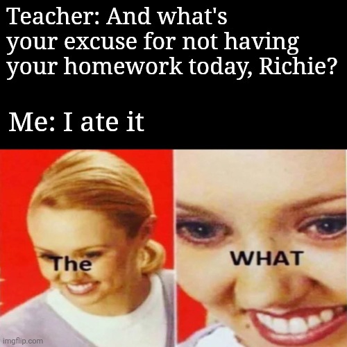 The What | Teacher: And what's your excuse for not having your homework today, Richie? Me: I ate it | image tagged in the what | made w/ Imgflip meme maker
