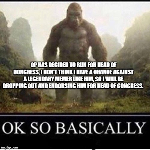 OK SO BASICALLLY I'm monky | OP HAS DECIDED TO RUN FOR HEAD OF CONGRESS, I DON'T THINK I HAVE A CHANCE AGAINST A LEGENDARY MEMER LIKE HIM, SO I WILL BE DROPPING OUT AND ENDORSING HIM FOR HEAD OF CONGRESS. | image tagged in ok so basicallly i'm monky | made w/ Imgflip meme maker