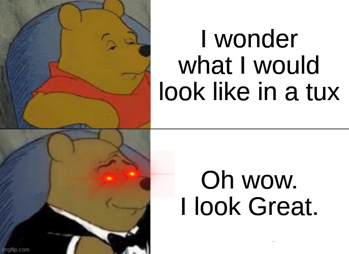 Tuxedo Winnie The Pooh | I wonder what I would look like in a tux; Oh wow. I look Great. | image tagged in memes,tuxedo winnie the pooh | made w/ Imgflip meme maker