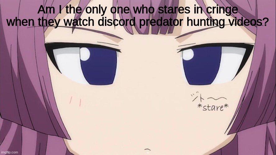 Stare | Am I the only one who stares in cringe when they watch discord predator hunting videos? | image tagged in stare | made w/ Imgflip meme maker