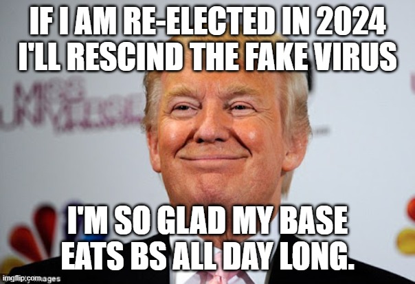 Donald trump approves | IF I AM RE-ELECTED IN 2024 I'LL RESCIND THE FAKE VIRUS; I'M SO GLAD MY BASE EATS BS ALL DAY LONG. | image tagged in donald trump approves | made w/ Imgflip meme maker