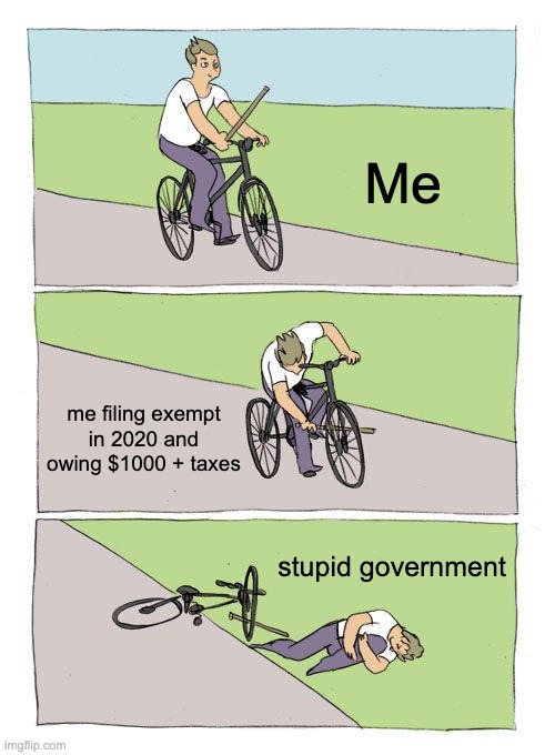 exempt on taxes | Me; me filing exempt in 2020 and owing $1000 + taxes; stupid government | image tagged in memes,bike fall,taxes | made w/ Imgflip meme maker