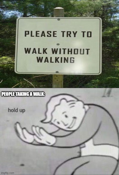 Wut | PEOPLE TAKING A WALK: | image tagged in fallout hold up | made w/ Imgflip meme maker