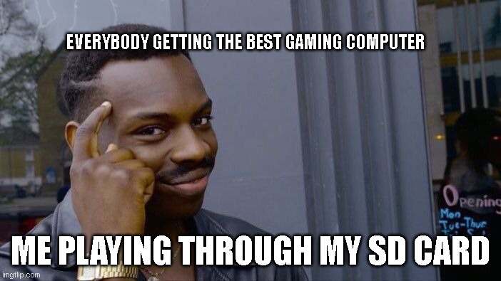yes | EVERYBODY GETTING THE BEST GAMING COMPUTER; ME PLAYING THROUGH MY SD CARD | image tagged in memes,roll safe think about it,sd-card,gaming | made w/ Imgflip meme maker