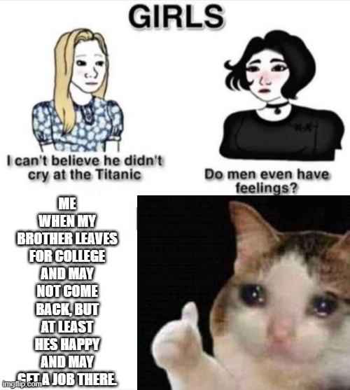 Sad cat | ME WHEN MY BROTHER LEAVES FOR COLLEGE AND MAY NOT COME BACK, BUT AT LEAST HES HAPPY AND MAY GET A JOB THERE. | image tagged in do men even have feelings | made w/ Imgflip meme maker