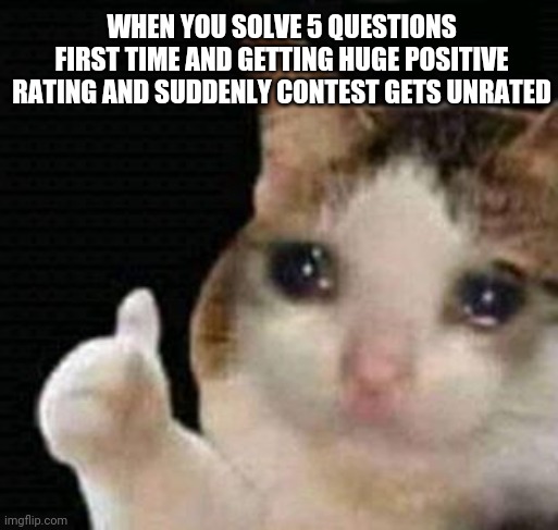 sad thumbs up cat | WHEN YOU SOLVE 5 QUESTIONS FIRST TIME AND GETTING HUGE POSITIVE RATING AND SUDDENLY CONTEST GETS UNRATED | image tagged in sad thumbs up cat | made w/ Imgflip meme maker
