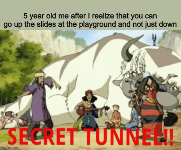 face it this was our childhood | 5 year old me after I realize that you can go up the slides at the playground and not just down | image tagged in secret tunnel | made w/ Imgflip meme maker