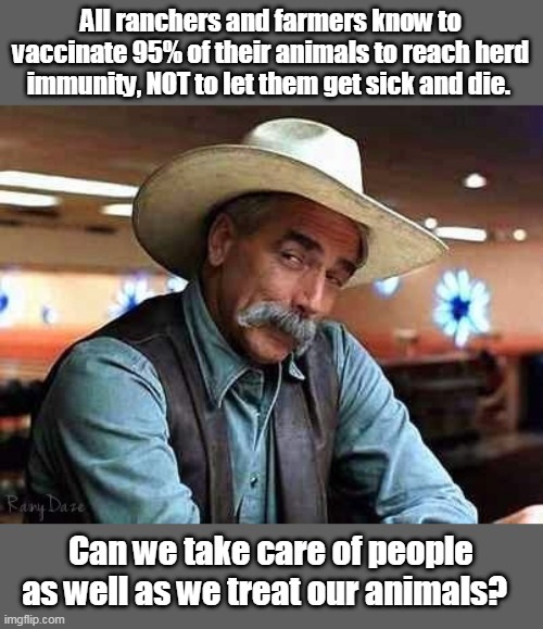 Sam Elliott The Big Lebowski | All ranchers and farmers know to vaccinate 95% of their animals to reach herd immunity, NOT to let them get sick and die. Can we take care of people as well as we treat our animals? | image tagged in sam elliott the big lebowski | made w/ Imgflip meme maker