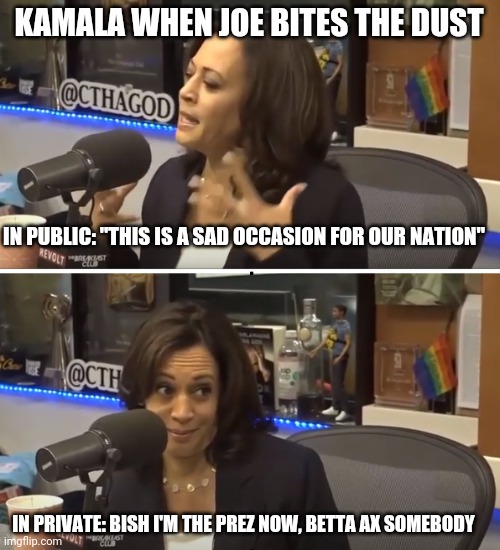 Conspiracy Theory Kamala | KAMALA WHEN JOE BITES THE DUST IN PUBLIC: "THIS IS A SAD OCCASION FOR OUR NATION" IN PRIVATE: BISH I'M THE PREZ NOW, BETTA AX SOMEBODY | image tagged in conspiracy theory kamala | made w/ Imgflip meme maker