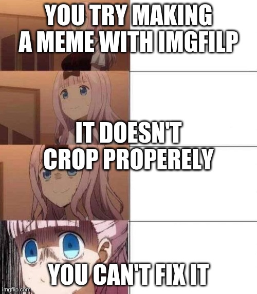 can't crop it | YOU TRY MAKING A MEME WITH IMGFILP; IT DOESN'T CROP PROPERELY; YOU CAN'T FIX IT | image tagged in chika template | made w/ Imgflip meme maker