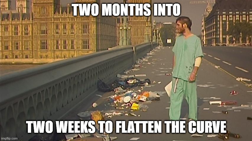 Two weeks into one year to flatten the curve | TWO MONTHS INTO; TWO WEEKS TO FLATTEN THE CURVE | image tagged in 28 days later | made w/ Imgflip meme maker