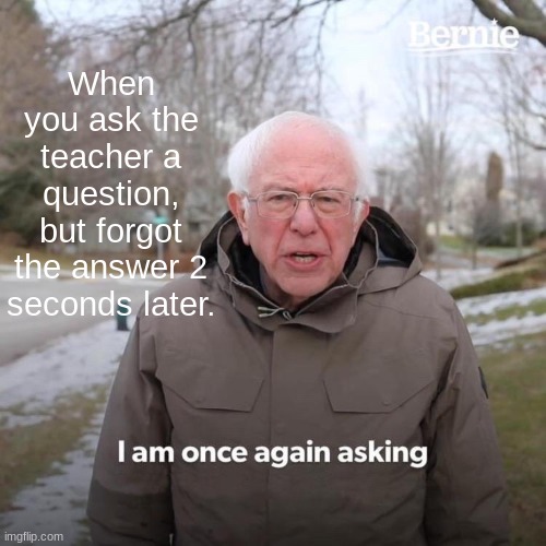 Bernie I Am Once Again Asking For Your Support | When you ask the teacher a question, but forgot the answer 2 seconds later. | image tagged in memes,bernie i am once again asking for your support | made w/ Imgflip meme maker