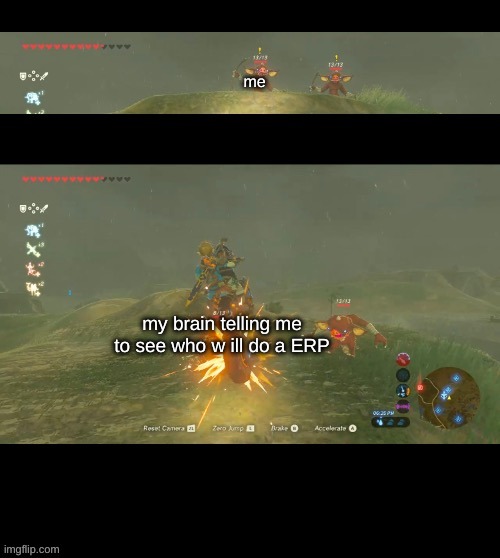 idk | me; my brain telling me to see who w ill do a ERP | image tagged in bokoblin getting hit by a motorcycle | made w/ Imgflip meme maker