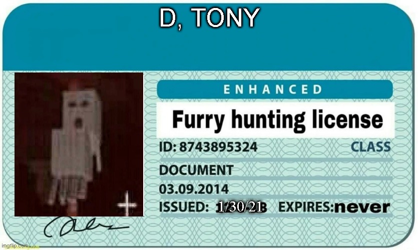 My Personal License | D, TONY; 1/30/21 | image tagged in furry hunting license | made w/ Imgflip meme maker