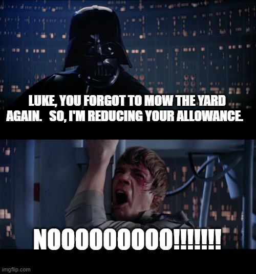 Vader Docks Luke's Allowance | LUKE, YOU FORGOT TO MOW THE YARD AGAIN.   SO, I'M REDUCING YOUR ALLOWANCE. NOOOOOOOOO!!!!!!! | image tagged in memes,star wars no,darth vader,darth vader luke skywalker,luke skywalker,star wars | made w/ Imgflip meme maker