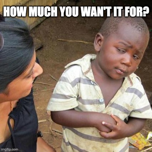 Third World Skeptical Kid Meme | HOW MUCH YOU WAN'T IT FOR? | image tagged in memes,third world skeptical kid | made w/ Imgflip meme maker