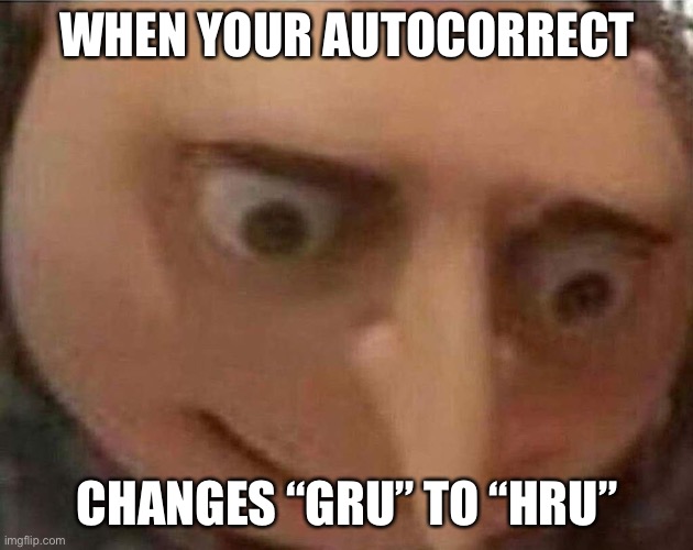 Lol | WHEN YOUR AUTOCORRECT; CHANGES “GRU” TO “HRU” | image tagged in gru meme,funny,memes,hru | made w/ Imgflip meme maker