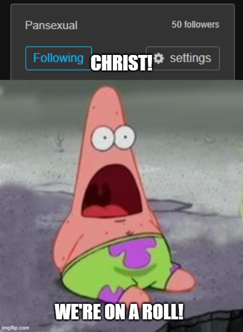 ALREADY?! | CHRIST! WE'RE ON A ROLL! | image tagged in suprised patrick,followers,pansexual,stream | made w/ Imgflip meme maker