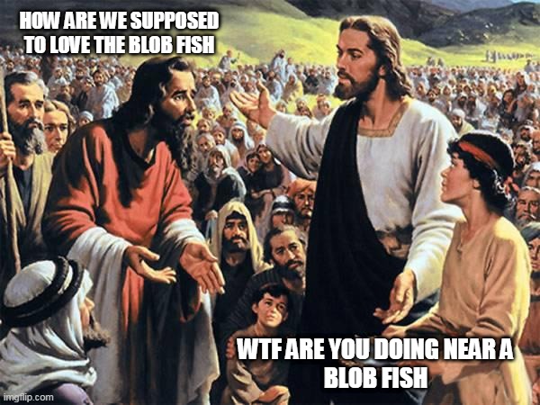 Jesus Feeds the Thousands | HOW ARE WE SUPPOSED TO LOVE THE BLOB FISH; WTF ARE YOU DOING NEAR A
BLOB FISH | image tagged in jesus feeds the thousands | made w/ Imgflip meme maker