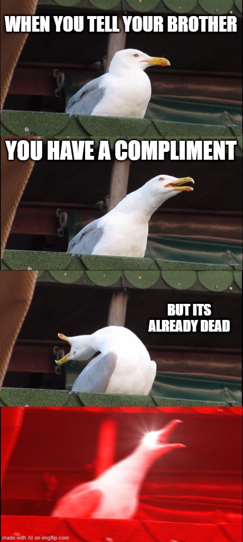 Inhaling Seagull Meme | WHEN YOU TELL YOUR BROTHER; YOU HAVE A COMPLIMENT; BUT ITS ALREADY DEAD | image tagged in memes,inhaling seagull | made w/ Imgflip meme maker
