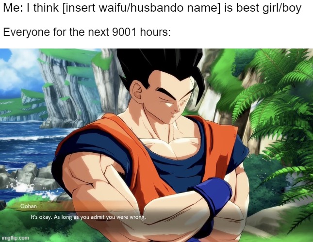 Have a nice day :) | Me: I think [insert waifu/husbando name] is best girl/boy; Everyone for the next 9001 hours: | image tagged in gohan | made w/ Imgflip meme maker