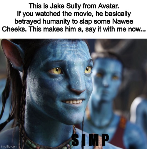 Jake Sully is a simp | This is Jake Sully from Avatar. If you watched the movie, he basically betrayed humanity to slap some Nawee Cheeks. This makes him a, say it with me now... S I M P | image tagged in simp,avatar | made w/ Imgflip meme maker