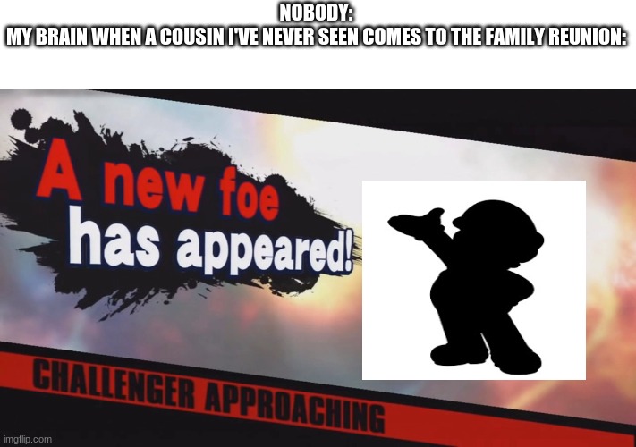 GAME! | NOBODY:
MY BRAIN WHEN A COUSIN I'VE NEVER SEEN COMES TO THE FAMILY REUNION: | image tagged in new challenger | made w/ Imgflip meme maker