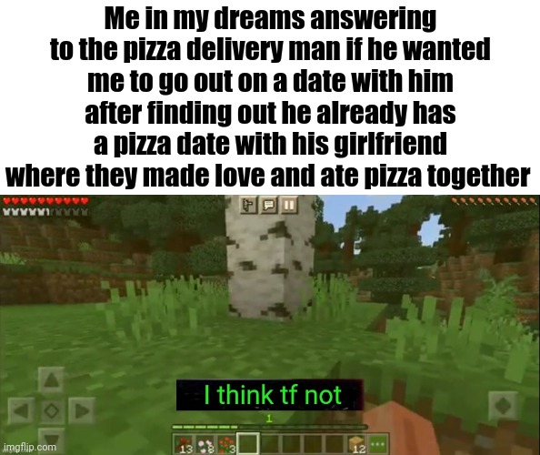 A meme I made sometime ago | Me in my dreams answering to the pizza delivery man if he wanted me to go out on a date with him after finding out he already has a pizza date with his girlfriend where they made love and ate pizza together | image tagged in i think tf not,memes,pizza,pizza delivery,pizza delivery man,date | made w/ Imgflip meme maker
