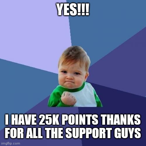 *Insert Wholesome title* | YES!!! I HAVE 25K POINTS THANKS FOR ALL THE SUPPORT GUYS | image tagged in memes,success kid | made w/ Imgflip meme maker
