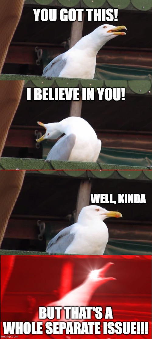 Me Giving Myself a pep talk |  YOU GOT THIS! I BELIEVE IN YOU! WELL, KINDA; BUT THAT'S A WHOLE SEPARATE ISSUE!!! | image tagged in memes,inhaling seagull,peptalk,self_deprication,funny,brains | made w/ Imgflip meme maker