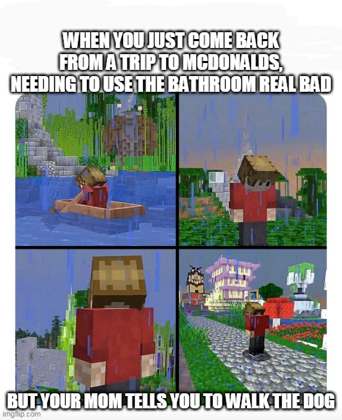 Sad Grian | WHEN YOU JUST COME BACK FROM A TRIP TO MCDONALDS, NEEDING TO USE THE BATHROOM REAL BAD; BUT YOUR MOM TELLS YOU TO WALK THE DOG | image tagged in sad grian | made w/ Imgflip meme maker