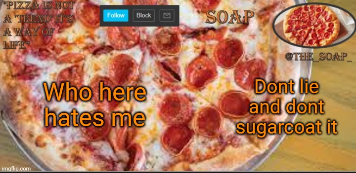 Soaps pizza template | Who here hates me; Dont lie and dont sugarcoat it | image tagged in soaps pizza template | made w/ Imgflip meme maker