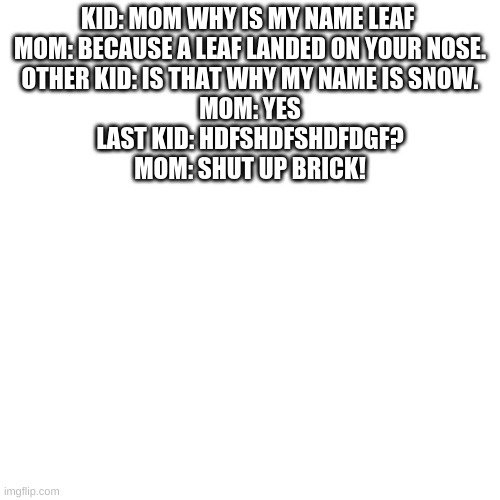 Blank Transparent Square | KID: MOM WHY IS MY NAME LEAF 
MOM: BECAUSE A LEAF LANDED ON YOUR NOSE.
OTHER KID: IS THAT WHY MY NAME IS SNOW.
MOM: YES
LAST KID: HDFSHDFSHDFDGF?
MOM: SHUT UP BRICK! | image tagged in memes,blank transparent square | made w/ Imgflip meme maker