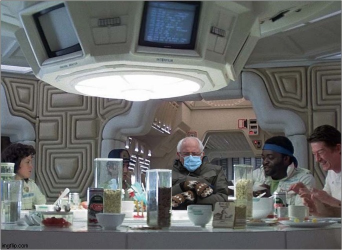 Bernie Has Lunch On The Nostromo | image tagged in bernie mittens,alien,nostromo,bernie | made w/ Imgflip meme maker