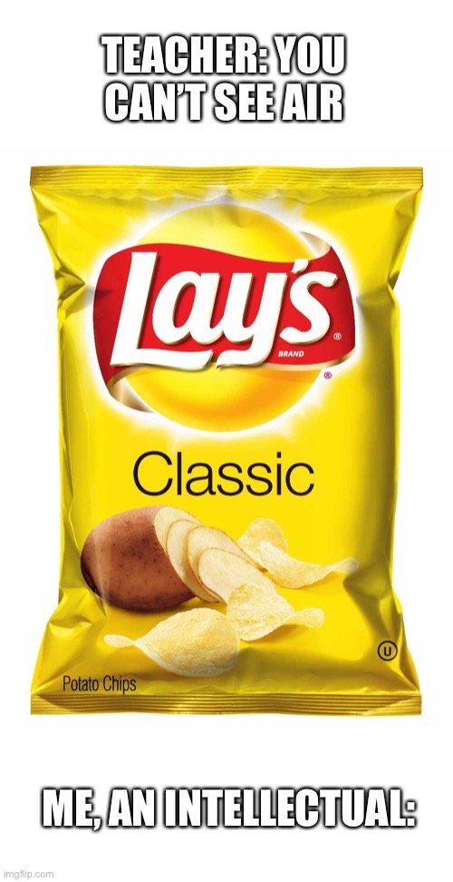Lays Airlines | TEACHER: YOU CAN’T SEE AIR; ME, AN INTELLECTUAL: | image tagged in lays chips,air,why are you reading this,stop reading the tags,too many tags,ha ha tags go brr | made w/ Imgflip meme maker