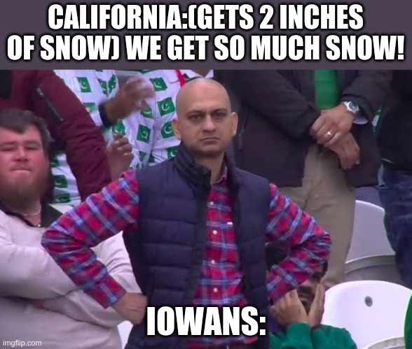 Disappointed Man | CALIFORNIA:(GETS 2 INCHES OF SNOW) WE GET SO MUCH SNOW! IOWANS: | image tagged in disappointed man | made w/ Imgflip meme maker