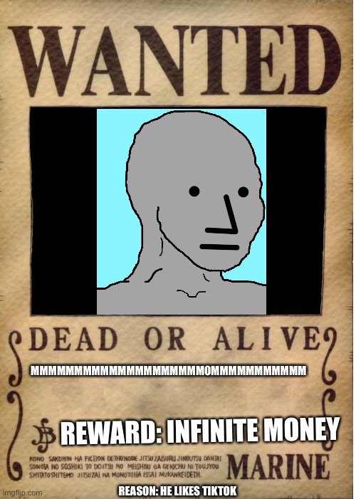 One piece wanted poster template | MMMMMMMMMMMMMMMMMMMMOMMMMMMMMMMM; REWARD: INFINITE MONEY; REASON: HE LIKES TIKTOK | image tagged in one piece wanted poster template | made w/ Imgflip meme maker