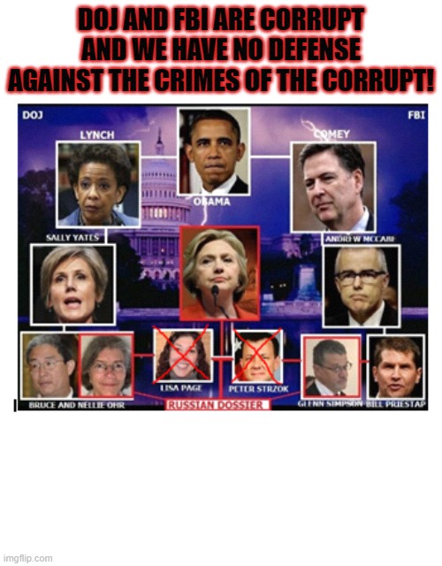 FBI & DOJ Corruption | DOJ AND FBI ARE CORRUPT AND WE HAVE NO DEFENSE AGAINST THE CRIMES OF THE CORRUPT! | image tagged in fbi doj corruption | made w/ Imgflip meme maker