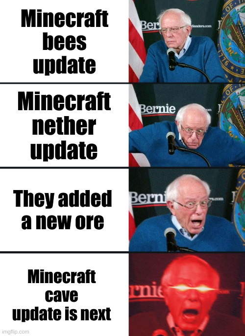 idk | Minecraft bees update; Minecraft nether update; They added a new ore; Minecraft cave update is next | image tagged in bernie sanders reaction nuked | made w/ Imgflip meme maker