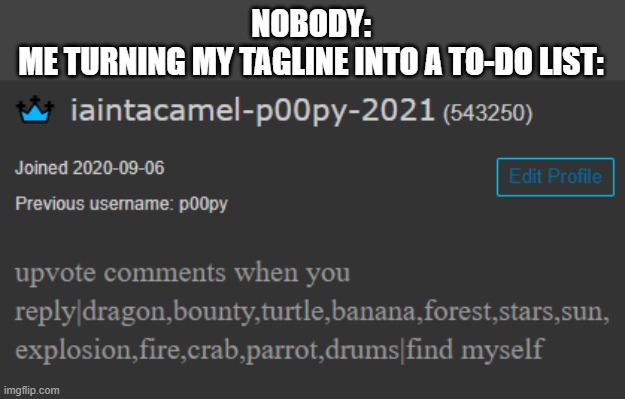 NOBODY:
ME TURNING MY TAGLINE INTO A TO-DO LIST: | made w/ Imgflip meme maker