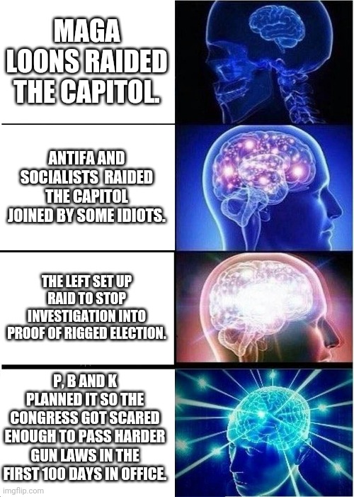 Harder gun laws. | MAGA LOONS RAIDED THE CAPITOL. ANTIFA AND SOCIALISTS  RAIDED THE CAPITOL JOINED BY SOME IDIOTS. THE LEFT SET UP RAID TO STOP INVESTIGATION INTO PROOF OF RIGGED ELECTION. P, B AND K PLANNED IT SO THE CONGRESS GOT SCARED ENOUGH TO PASS HARDER GUN LAWS IN THE FIRST 100 DAYS IN OFFICE. | image tagged in memes,expanding brain | made w/ Imgflip meme maker