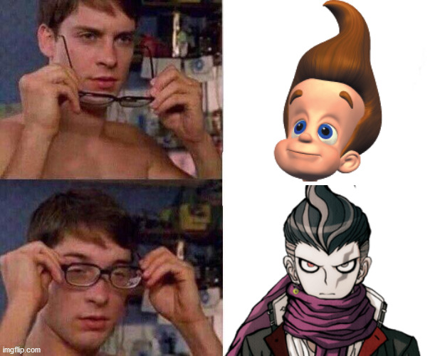 THE HAIR IS SO SIMILAR | image tagged in spiderman glasses,danganronpa | made w/ Imgflip meme maker