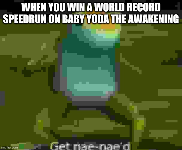 Get nae-nae'd | WHEN YOU WIN A WORLD RECORD SPEEDRUN ON BABY YODA THE AWAKENING | image tagged in get nae-nae'd | made w/ Imgflip meme maker
