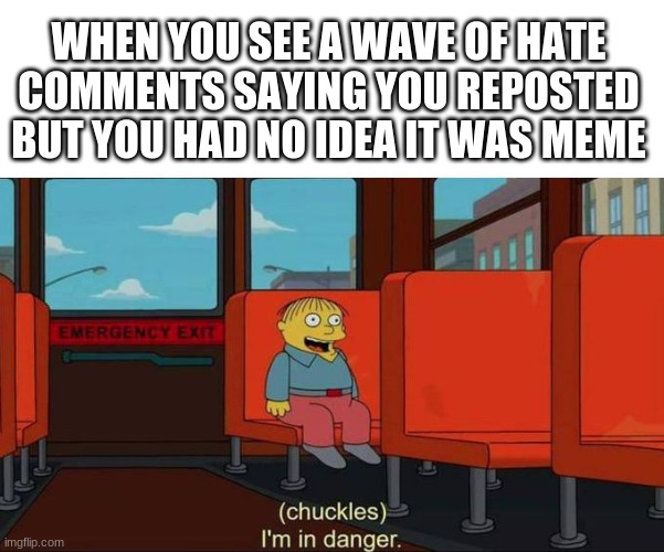 Im iN dAnGeR | WHEN YOU SEE A WAVE OF HATE COMMENTS SAYING YOU REPOSTED BUT YOU HAD NO IDEA IT WAS MEME | image tagged in i'm in danger blank place above | made w/ Imgflip meme maker