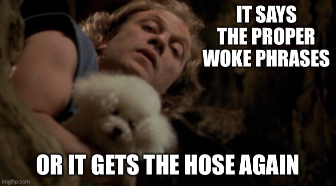 Silence of the lambs lotion | IT SAYS THE PROPER WOKE PHRASES OR IT GETS THE HOSE AGAIN | image tagged in silence of the lambs lotion | made w/ Imgflip meme maker